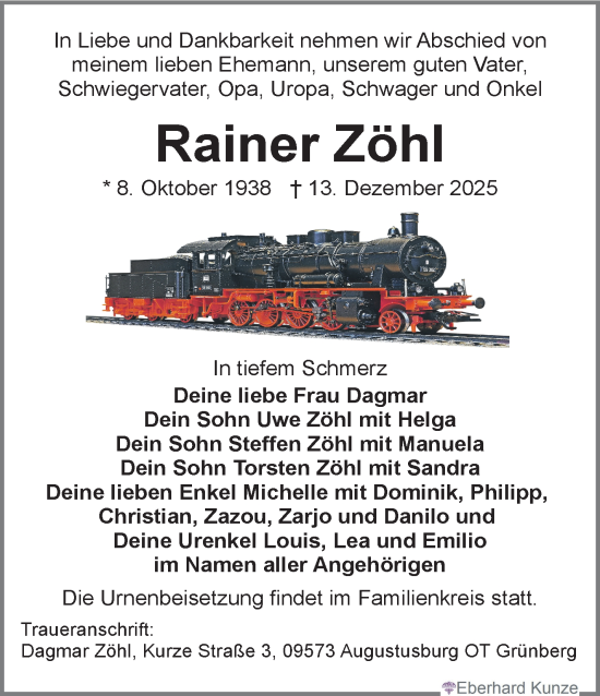 Traueranzeige von Rainer Zöhl von Südthüringer Presse