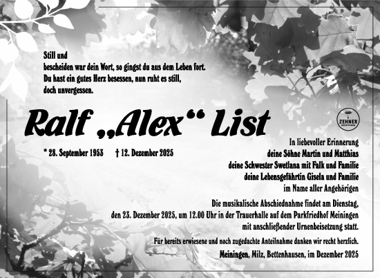 Traueranzeige von Ralf List von Südthüringer Presse