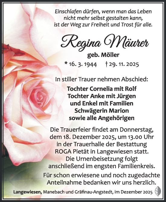 Traueranzeige von Regina Mäurer von Südthüringer Presse