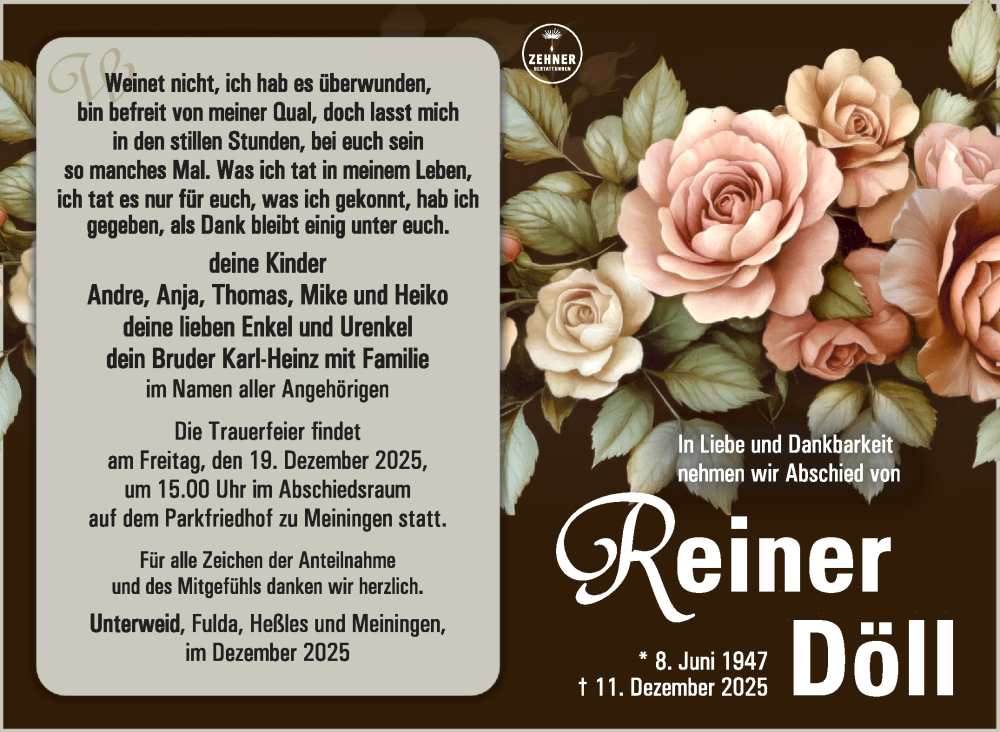  Traueranzeige für Reiner Döll vom 17.12.2025 aus Südthüringer Presse