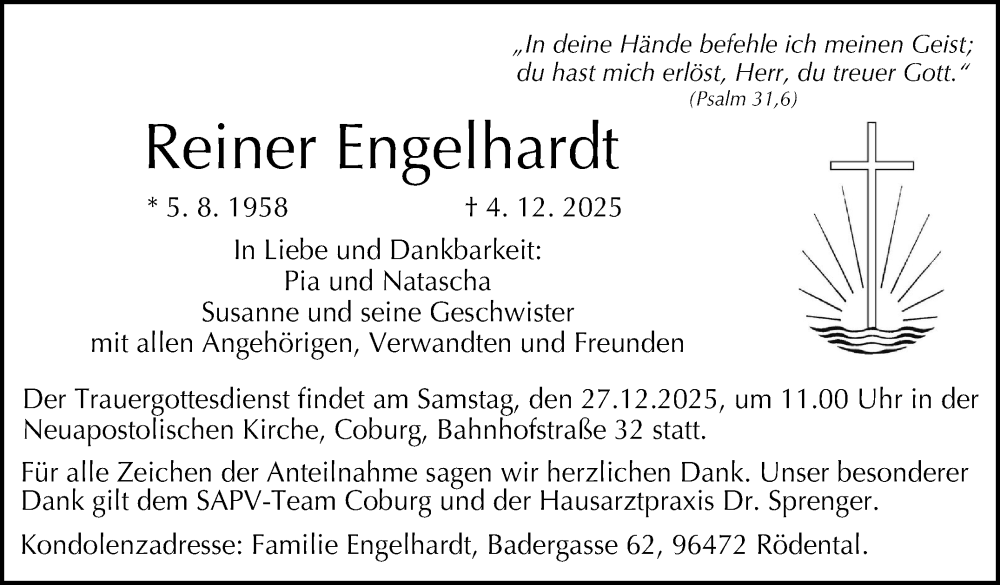  Traueranzeige für Reiner Engelhardt vom 20.12.2025 aus Neue Presse Coburg