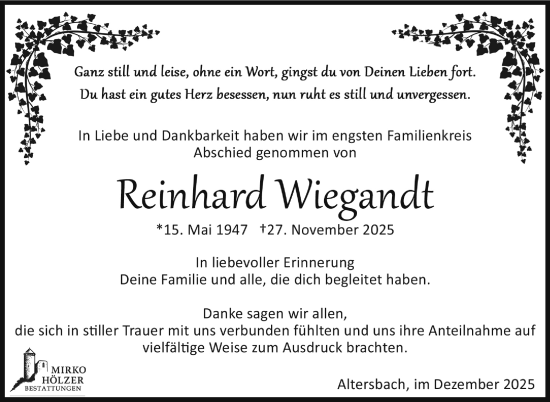 Traueranzeige von Reinhard Wiegandt von Südthüringer Presse