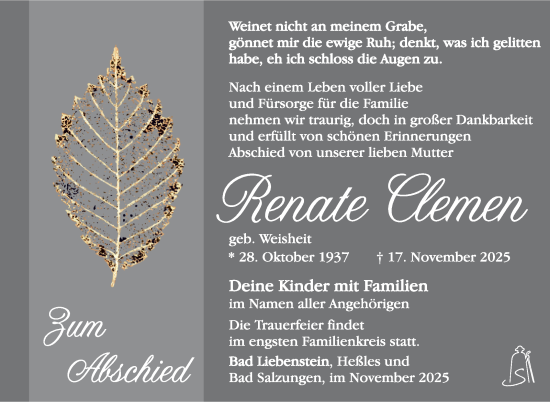 Traueranzeige von Renate Clemen von Südthüringer Presse
