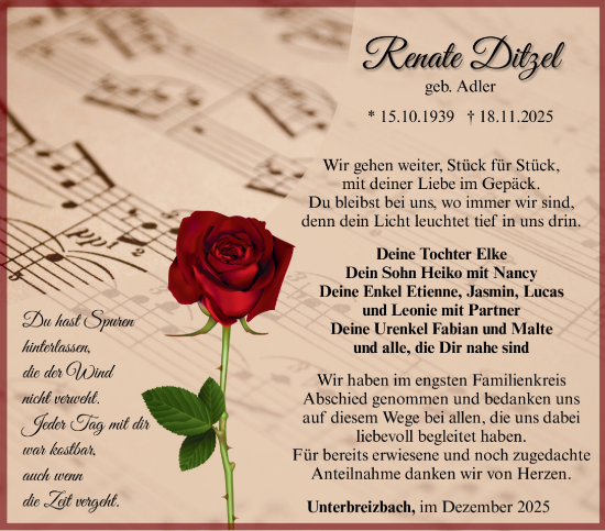 Traueranzeige von Renate Ditzel von Südthüringer Presse