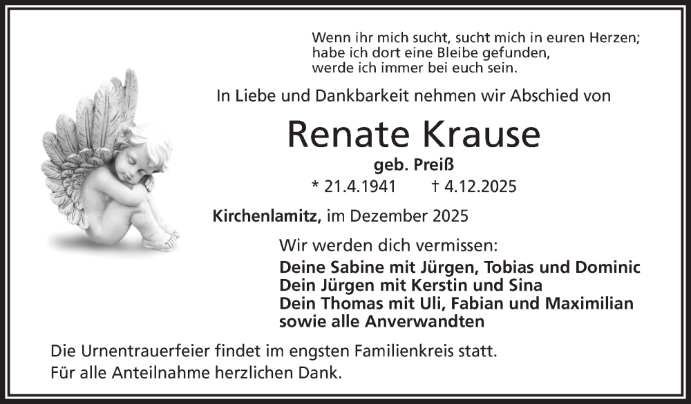  Traueranzeige für Renate Krause vom 13.12.2025 aus Frankenpost