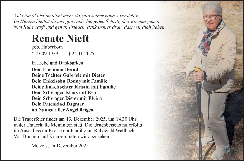  Traueranzeige für Renate Nieft vom 06.12.2025 aus Südthüringer Presse