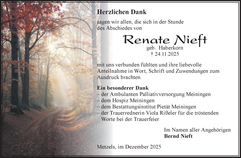  Traueranzeige für Renate Nieft vom 24.12.2025 aus Südthüringer Presse