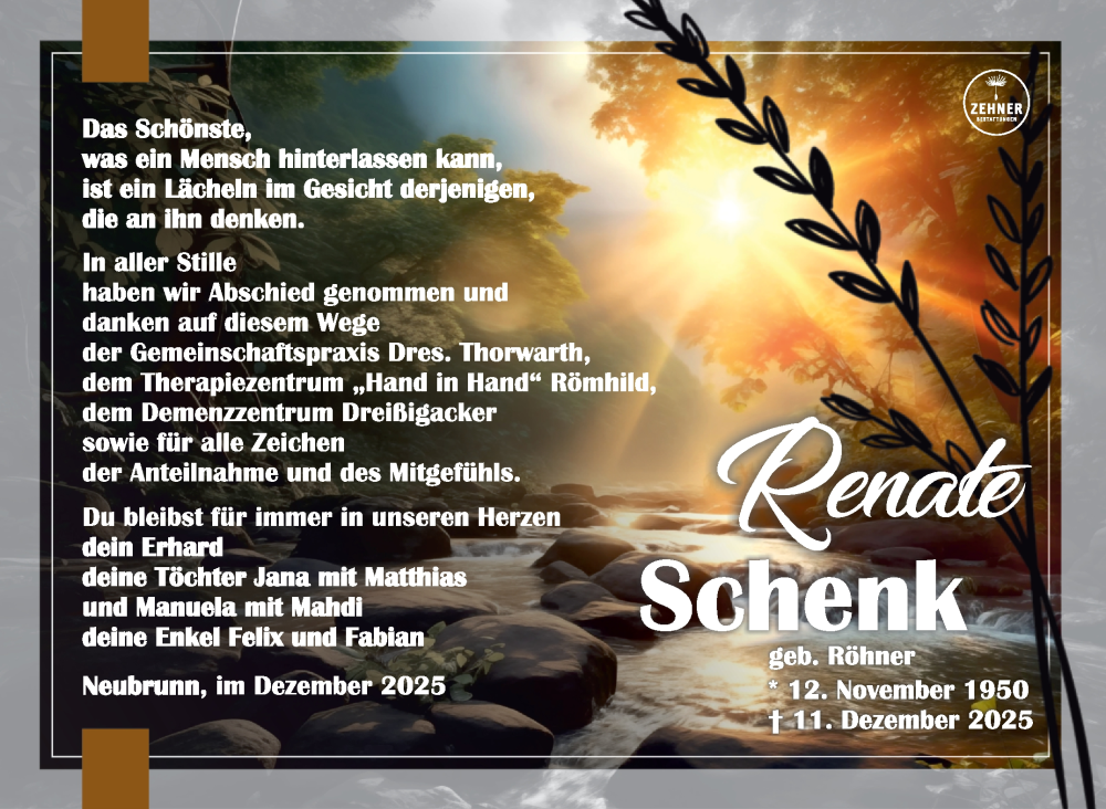  Traueranzeige für Renate Schenk vom 27.12.2025 aus Südthüringer Presse