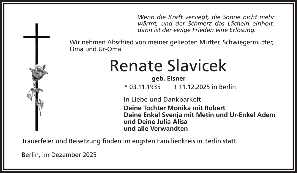  Traueranzeige für Renate Slavicek vom 13.12.2025 aus Frankenpost