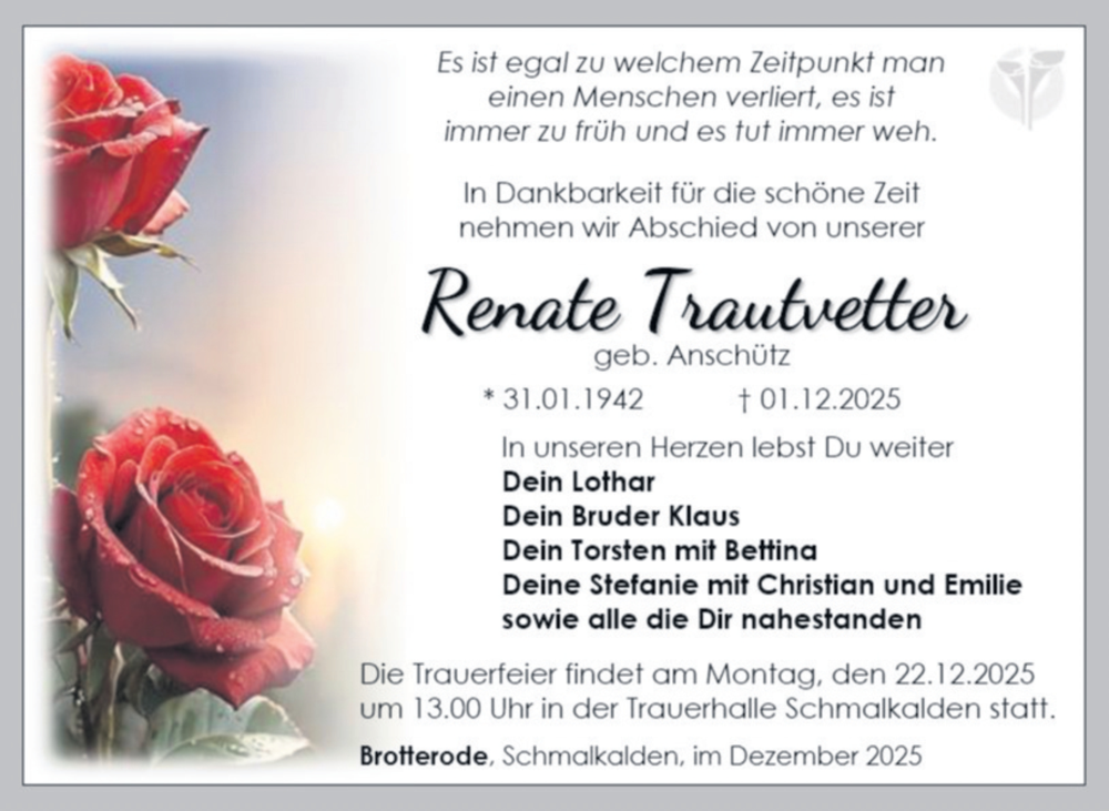 Traueranzeige für Renate Trautvetter vom 12.12.2025 aus Südthüringer Presse