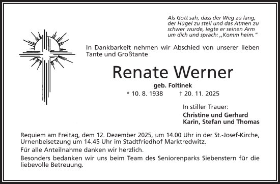 Traueranzeige von Renate Werner von Frankenpost