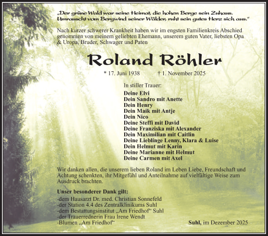 Traueranzeige von Roland Röhler von Südthüringer Presse
