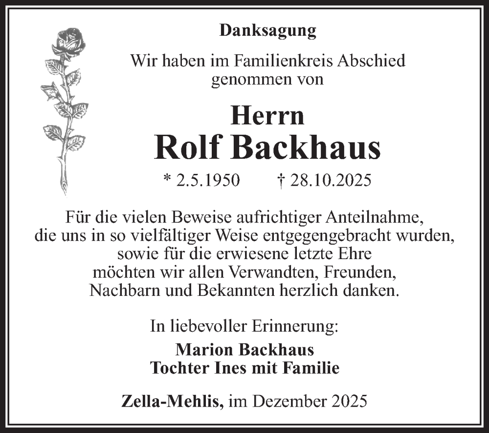  Traueranzeige für Rolf Backhaus vom 13.12.2025 aus Südthüringer Presse