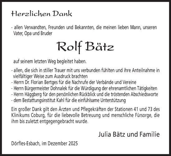 Traueranzeige von Rolf Bätz von Neue Presse Coburg
