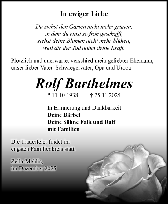 Traueranzeige von Rolf Barthelmes von Südthüringer Presse