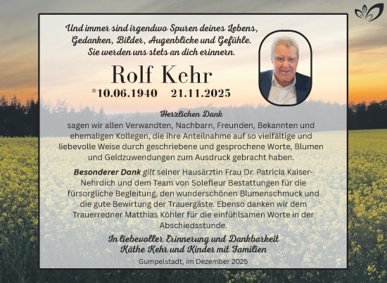 Traueranzeige von Rolf Kehr von Südthüringer Presse