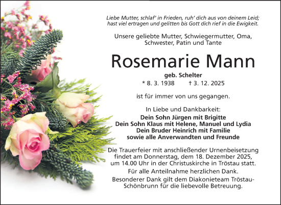 Traueranzeige von Rosemarie Mann von Frankenpost