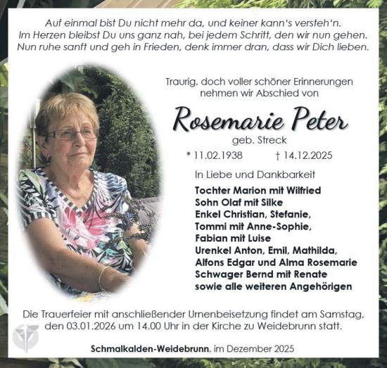 Traueranzeige von Rosemarie Peter von Südthüringer Presse