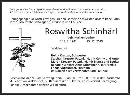 Traueranzeige von Roswitha Schinhärl von Frankenpost