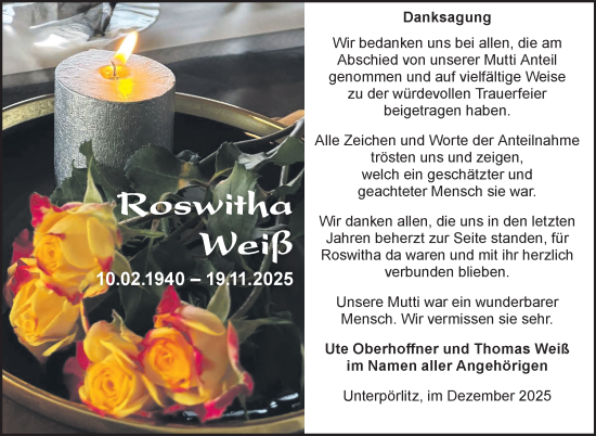 Traueranzeige von Roswitha Weiß von Südthüringer Presse