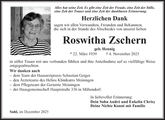 Traueranzeige von Roswitha Zschern von Südthüringer Presse
