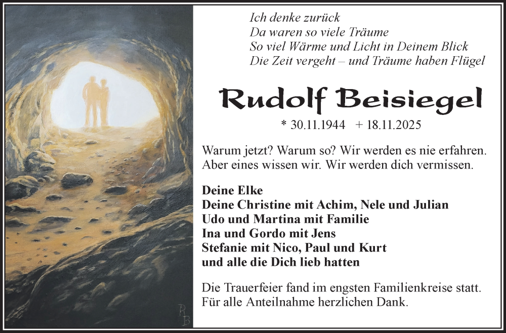  Traueranzeige für Rudolf Beisiegel vom 13.12.2025 aus Frankenpost