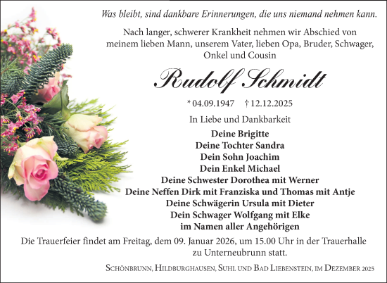 Traueranzeige von Rudolf Schmidt von Südthüringer Presse
