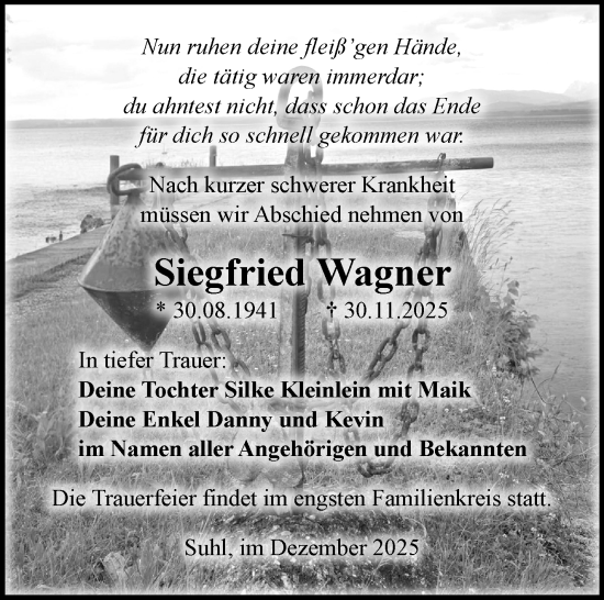 Traueranzeige von Siegfried Wagner von Südthüringer Presse