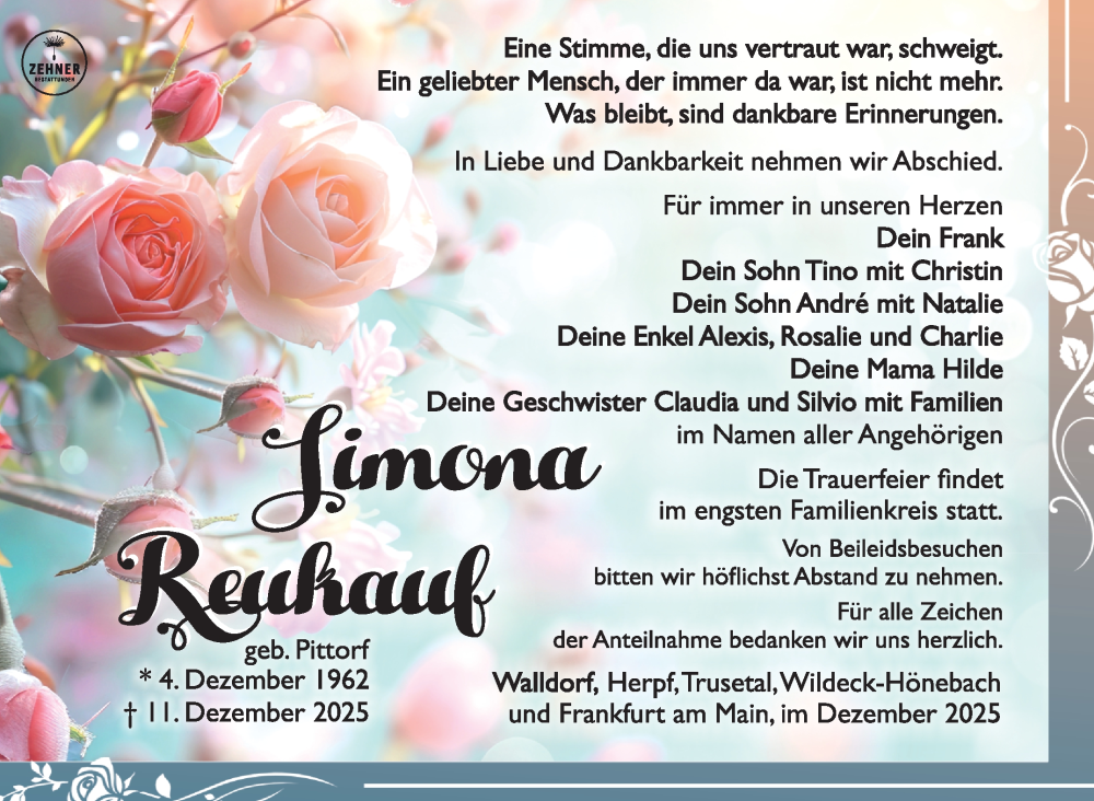  Traueranzeige für Simona Reukauf vom 20.12.2025 aus Südthüringer Presse