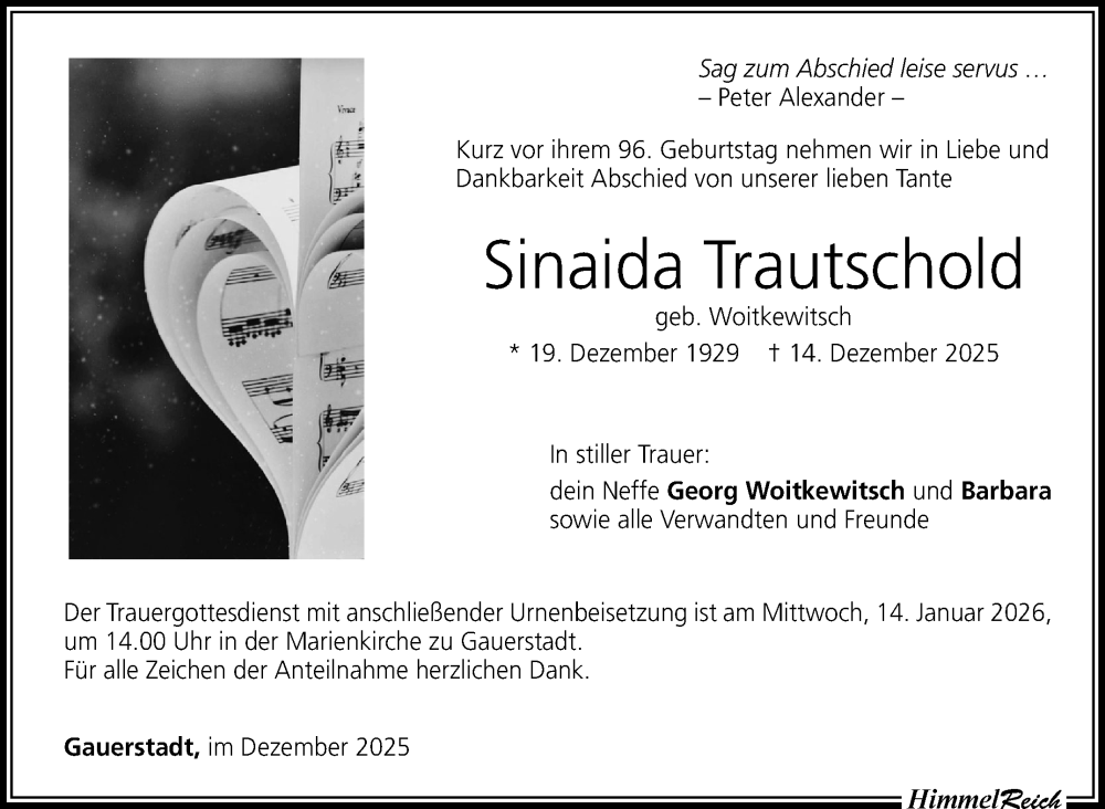  Traueranzeige für Sinaida Trautschold vom 20.12.2025 aus Neue Presse Coburg