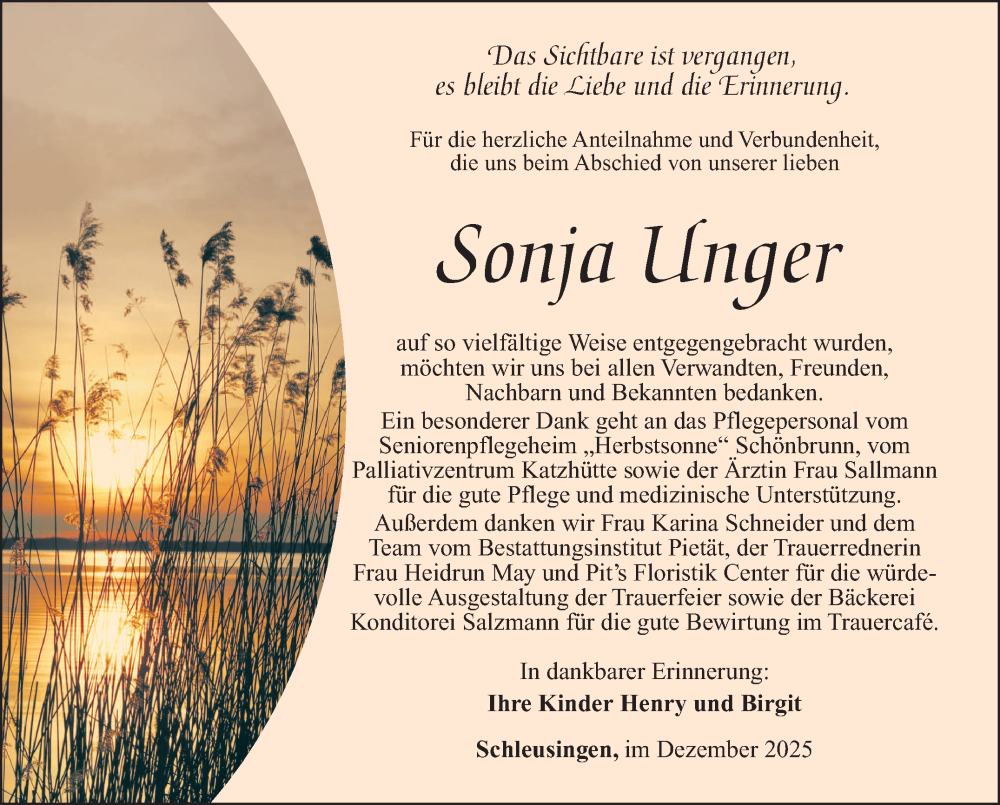  Traueranzeige für Sonja Unger vom 20.12.2025 aus Südthüringer Presse