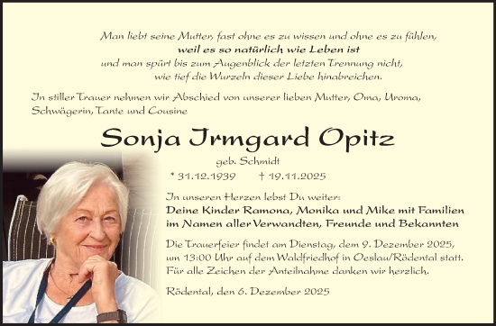 Traueranzeige von Sonja Irmgard Opitz von Südthüringer Presse