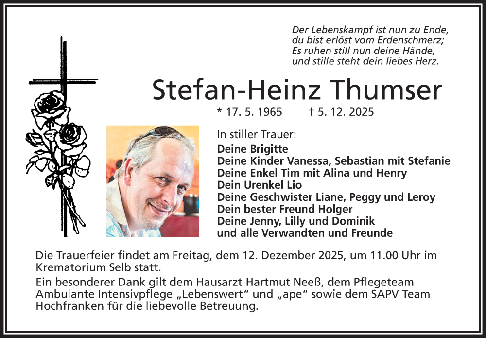  Traueranzeige für Stefan-Heinz Thumser vom 10.12.2025 aus Frankenpost