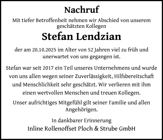 Traueranzeige von Stefan Lendzian von Südthüringer Presse