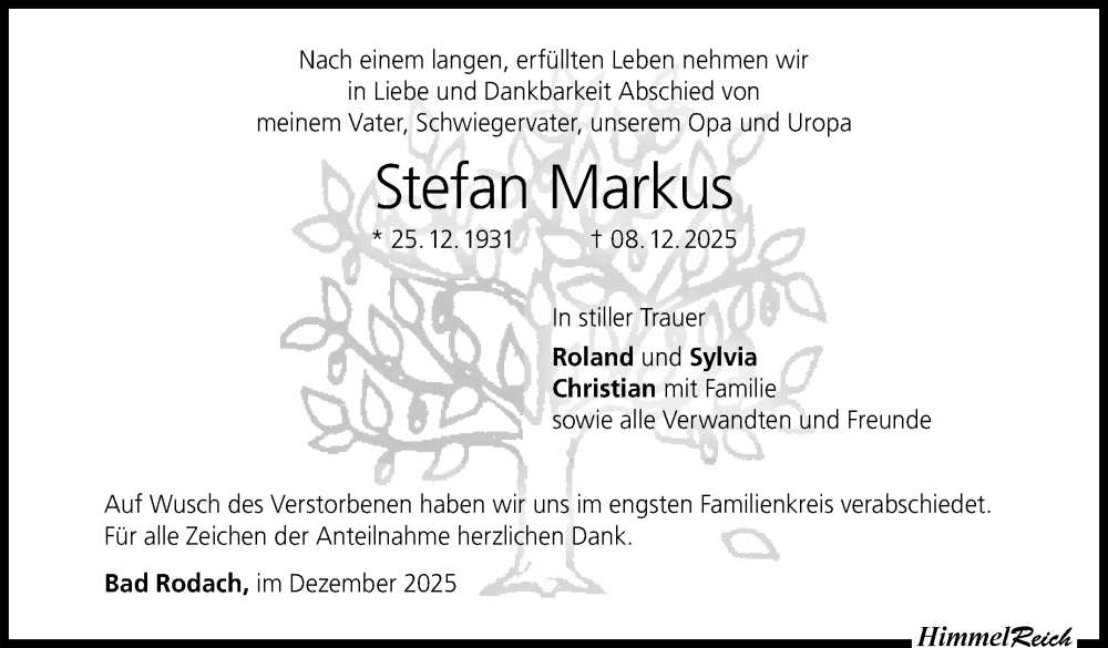  Traueranzeige für Stefan Markus vom 20.12.2025 aus Neue Presse Coburg
