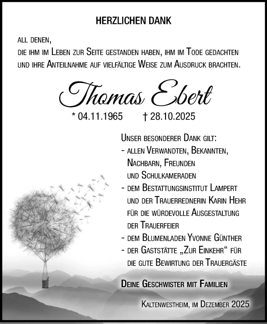 Traueranzeige von Thomas Ebert von Südthüringer Presse