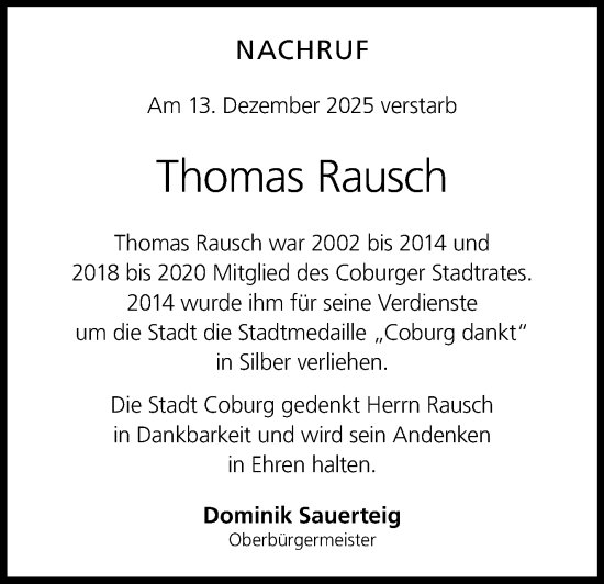 Traueranzeige von Thomas Rausch von Neue Presse Coburg