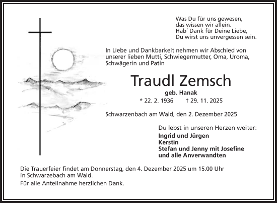Traueranzeige von Traudl Zemsch von Frankenpost