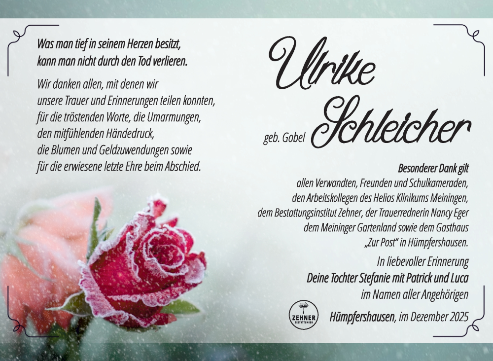  Traueranzeige für Ulrike Schleicher vom 27.12.2025 aus Südthüringer Presse