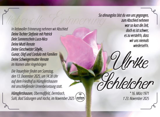 Traueranzeige von Ulrike Schleicher von Südthüringer Presse