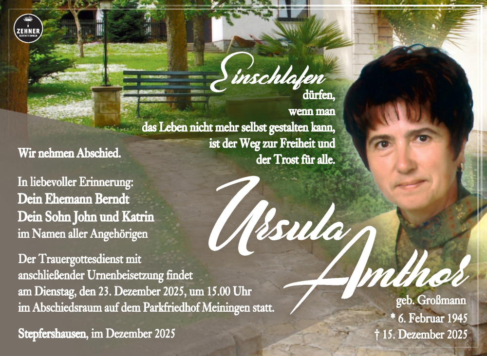  Traueranzeige für Ursula Amthor vom 20.12.2025 aus Südthüringer Presse