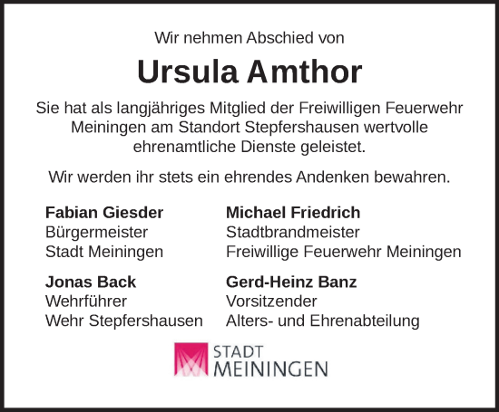 Traueranzeige von Ursula Amthor von Südthüringer Presse