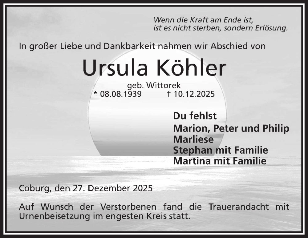  Traueranzeige für Ursula Köhler vom 27.12.2025 aus Neue Presse Coburg