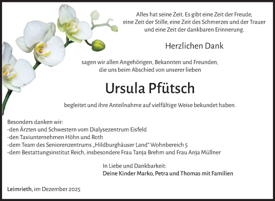 Traueranzeige von Ursula Pfütsch von Südthüringer Presse