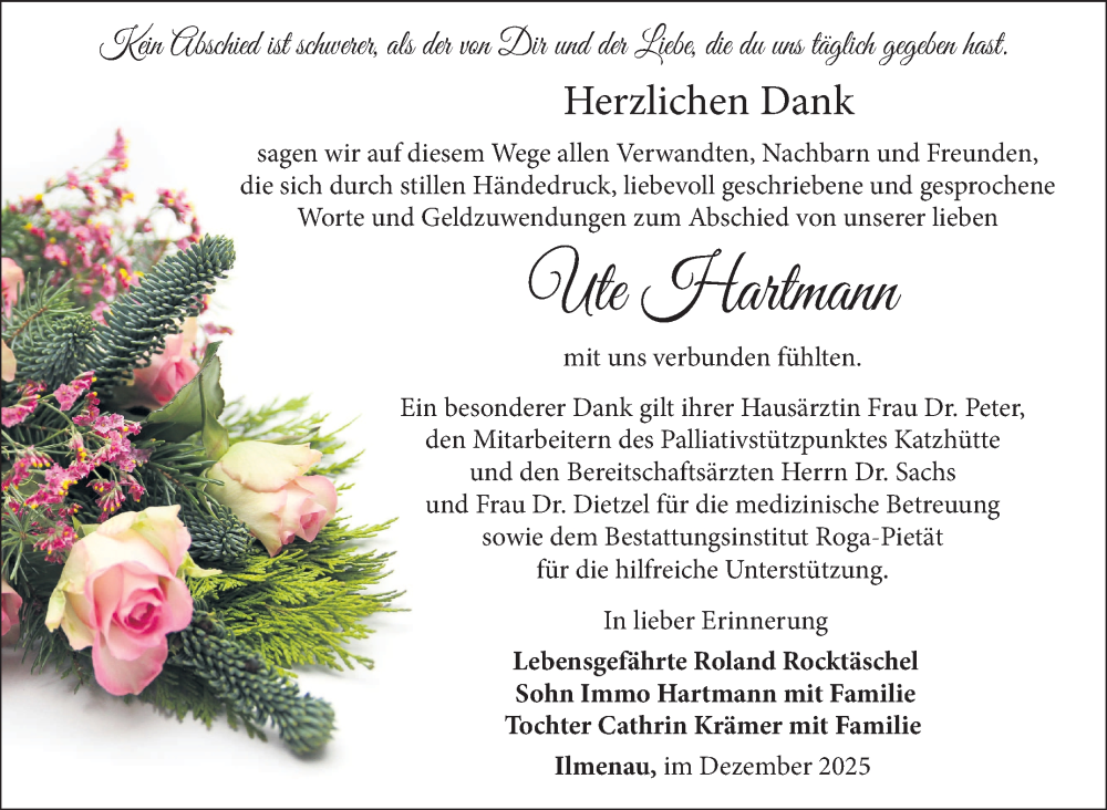  Traueranzeige für Ute Hartmann vom 20.12.2025 aus Südthüringer Presse