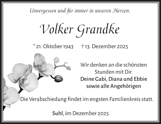 Traueranzeige von Volker Grandke von Südthüringer Presse