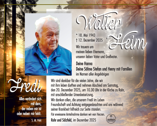 Traueranzeige von Walter Heim von Südthüringer Presse