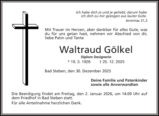 Traueranzeige von Waltraud Gölkel von Frankenpost