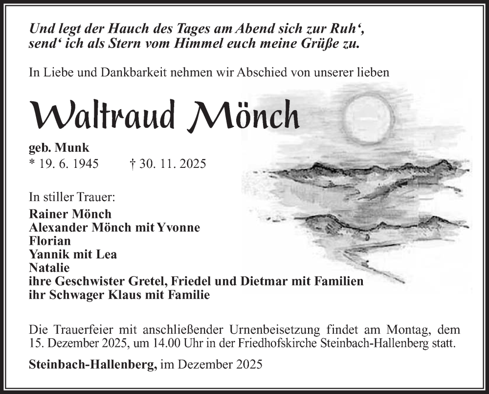  Traueranzeige für Waltraud Mönch vom 06.12.2025 aus Südthüringer Presse