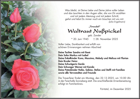 Traueranzeige von Waltraut Nußpickel von Südthüringer Presse